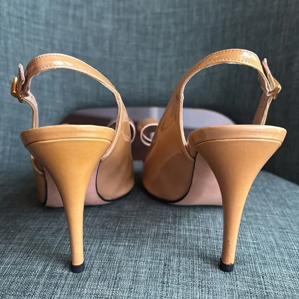 Stuart Weitzman Women’s nude tan big bow peep toe patient leather heel 7.5 EUC!